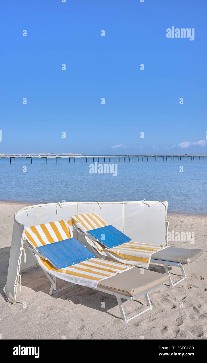 Sun loungers on the beach, Hurghada, Egypt. Stock Photo