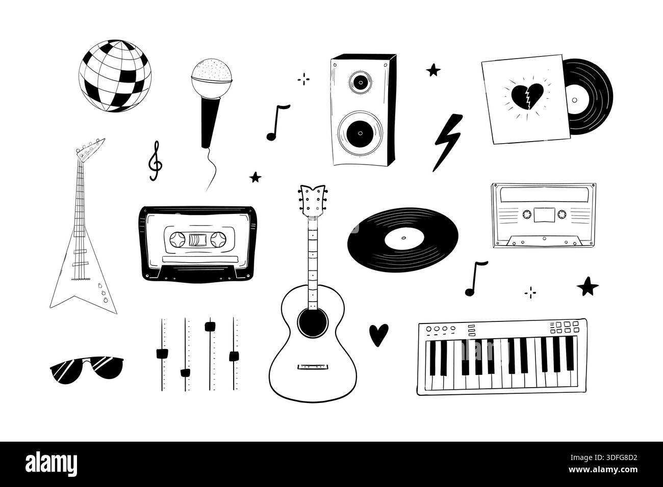 Music retro doodle set punk rock grunge design elements. Vintage