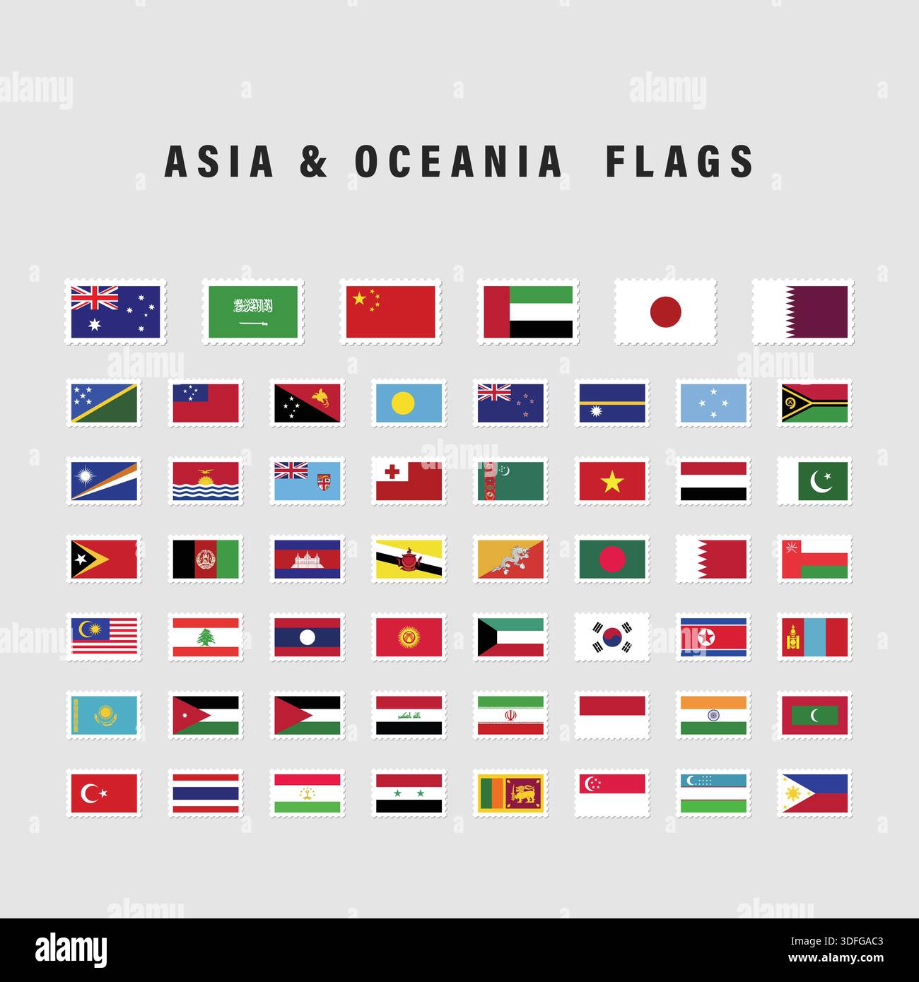 Set of Asia and Oceania Flags with Postage Stamp Shape Stock Vector ...