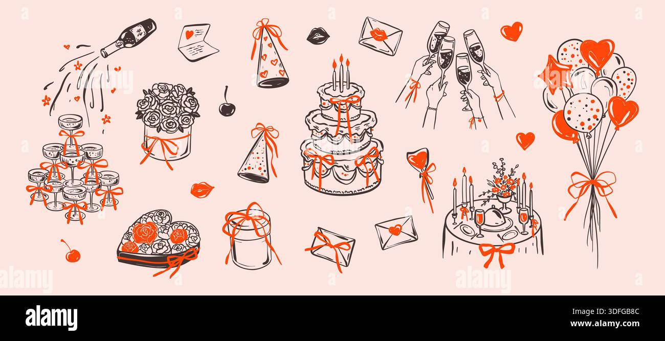 Doodle quirky whimsical girly birthday, bachelorette party elements set ...