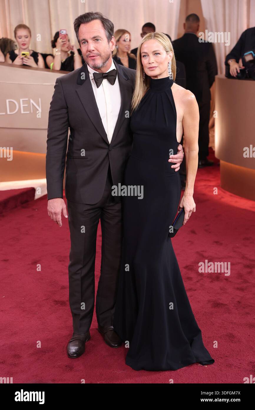 BEVERLY HILLS, CALIFORNIA - JANUARY 1:Carolyn Murphy and Will Arnett at the 83rd Annual Golden Globe Awards at The Beverly Hilton on January 11, 2026 in Beverly Hills, California. EDITORIAL USAGE ONLY! Not for Commercial USAGE! Stock Photo