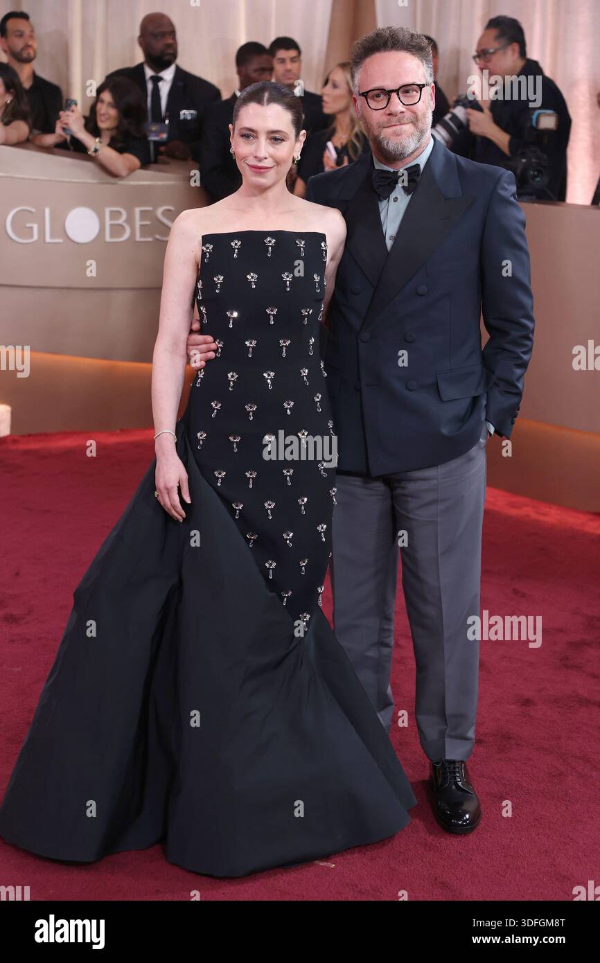 BEVERLY HILLS, CALIFORNIA - JANUARY 11Lauren Miller Rogen and Seth Rogen at the 83rd Annual Golden Globe Awards at The Beverly Hilton on January 11, 2026 in Beverly Hills, California. EDITORIAL USAGE ONLY! Not for Commercial USAGE! Stock Photo