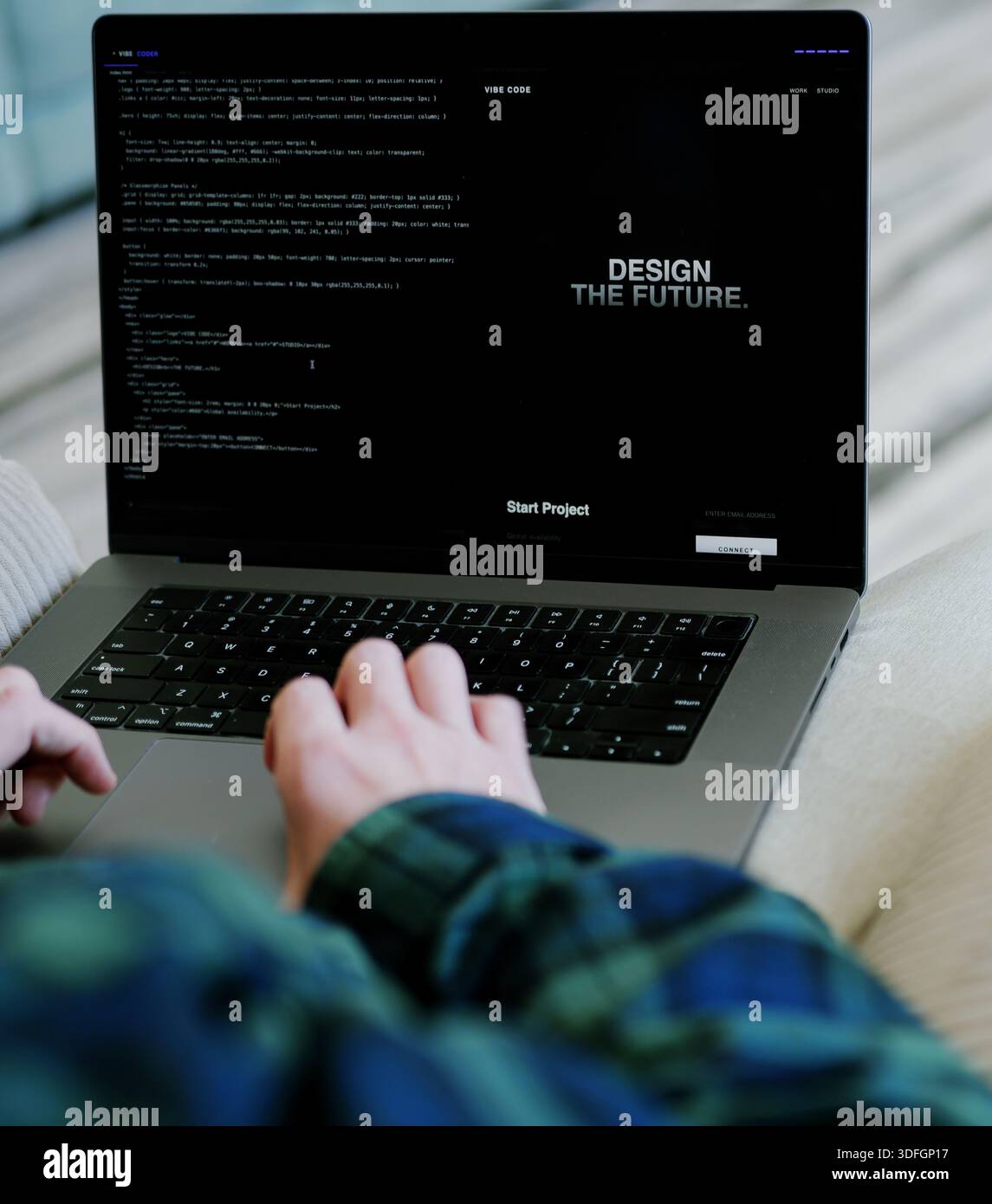 Middle Aged Coder Man Vibe Coding in Artificial Intelligence Infused Integrated Development Environment - Software Engineer Uses AI Based IDE Concept Stock Photo
