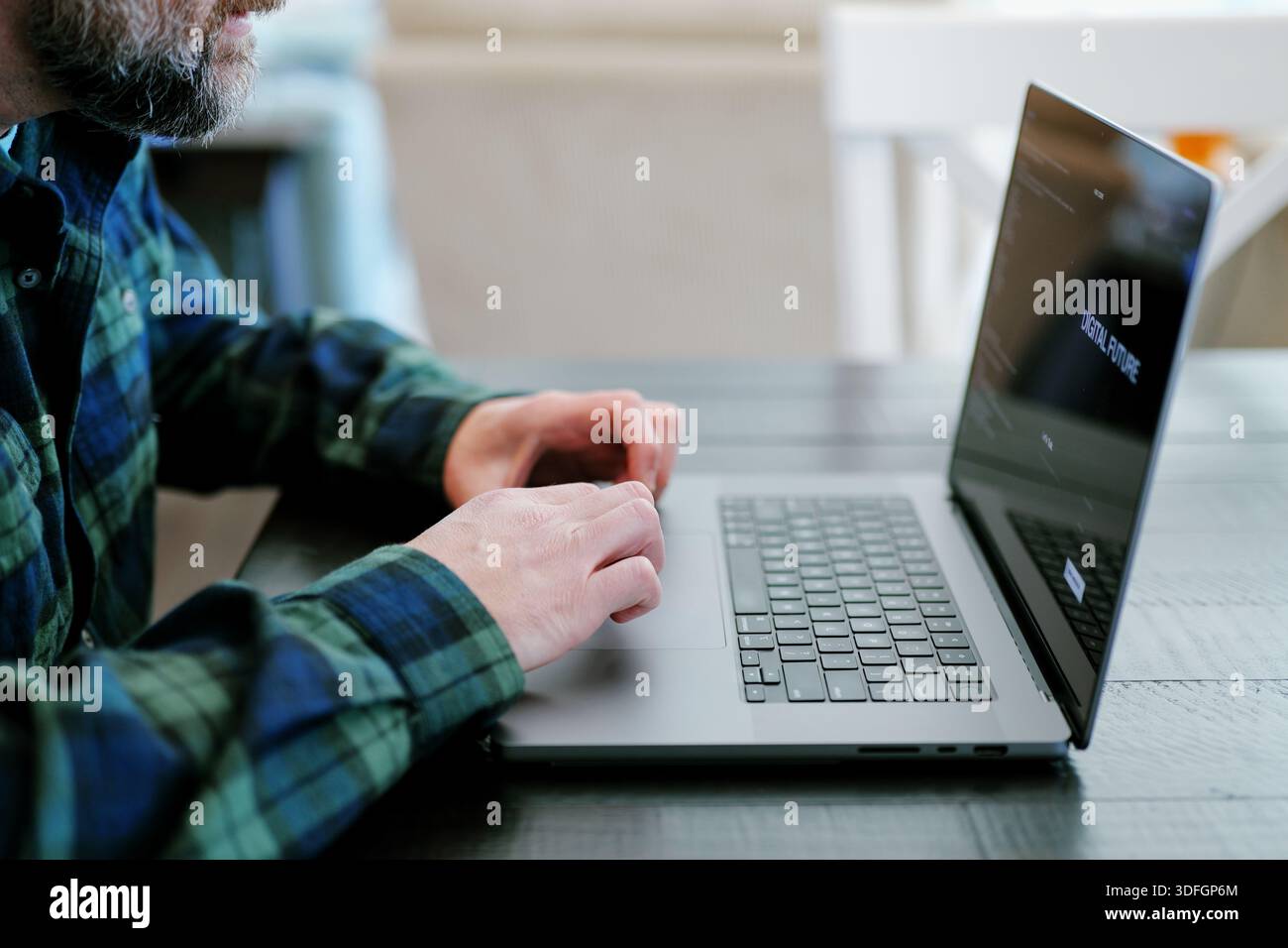 Middle Aged Coder Man Vibe Coding in Artificial Intelligence Infused Integrated Development Environment - Software Engineer Uses AI Based IDE Concept Stock Photo