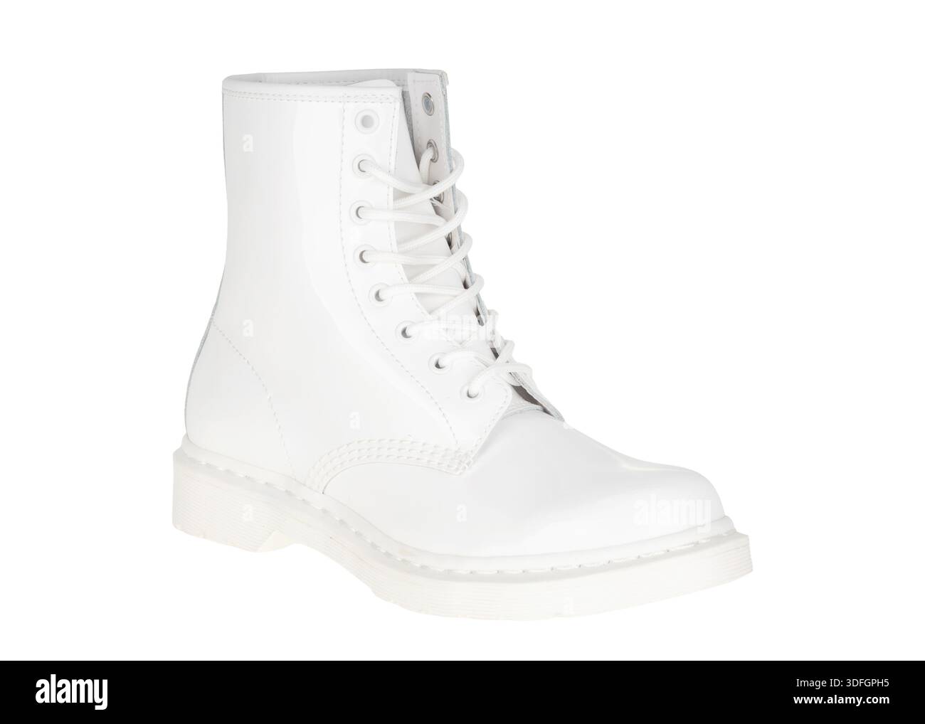 White Shiny Patent Leather Combat Boot Stock Photo