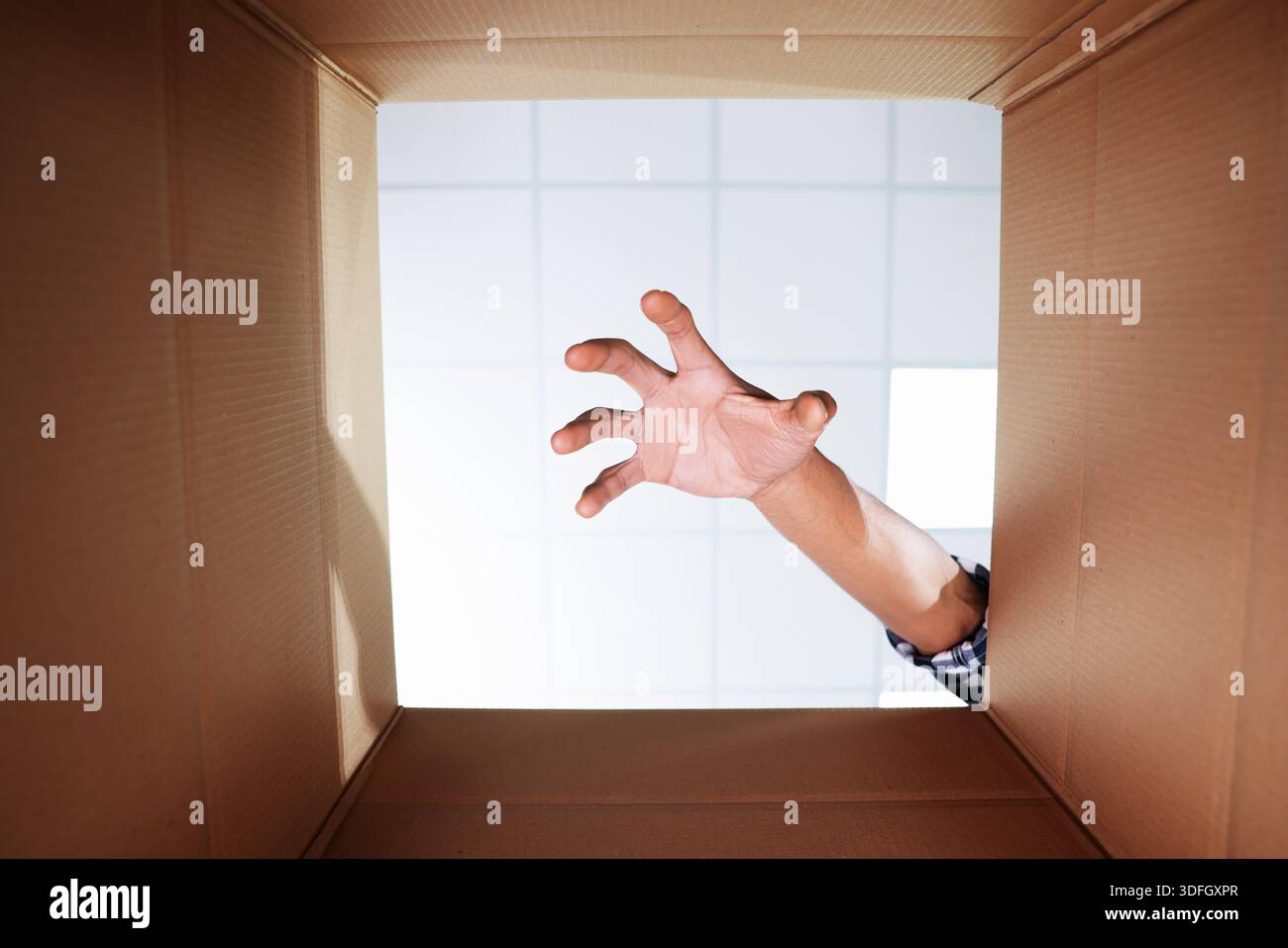 Man reaching into cardboard box, closeup. View from inside package Stock Photo