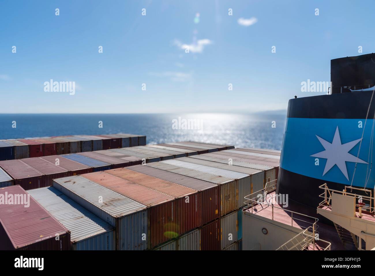 Container ship stern loaded with containers, Maersk funnel visible as ...