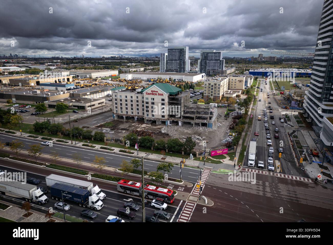 The Hilton Garden Inn during demolition, condominiums and Highway 7 in Vaughan, Ontario, Canada. It's now demolished Stock Photo