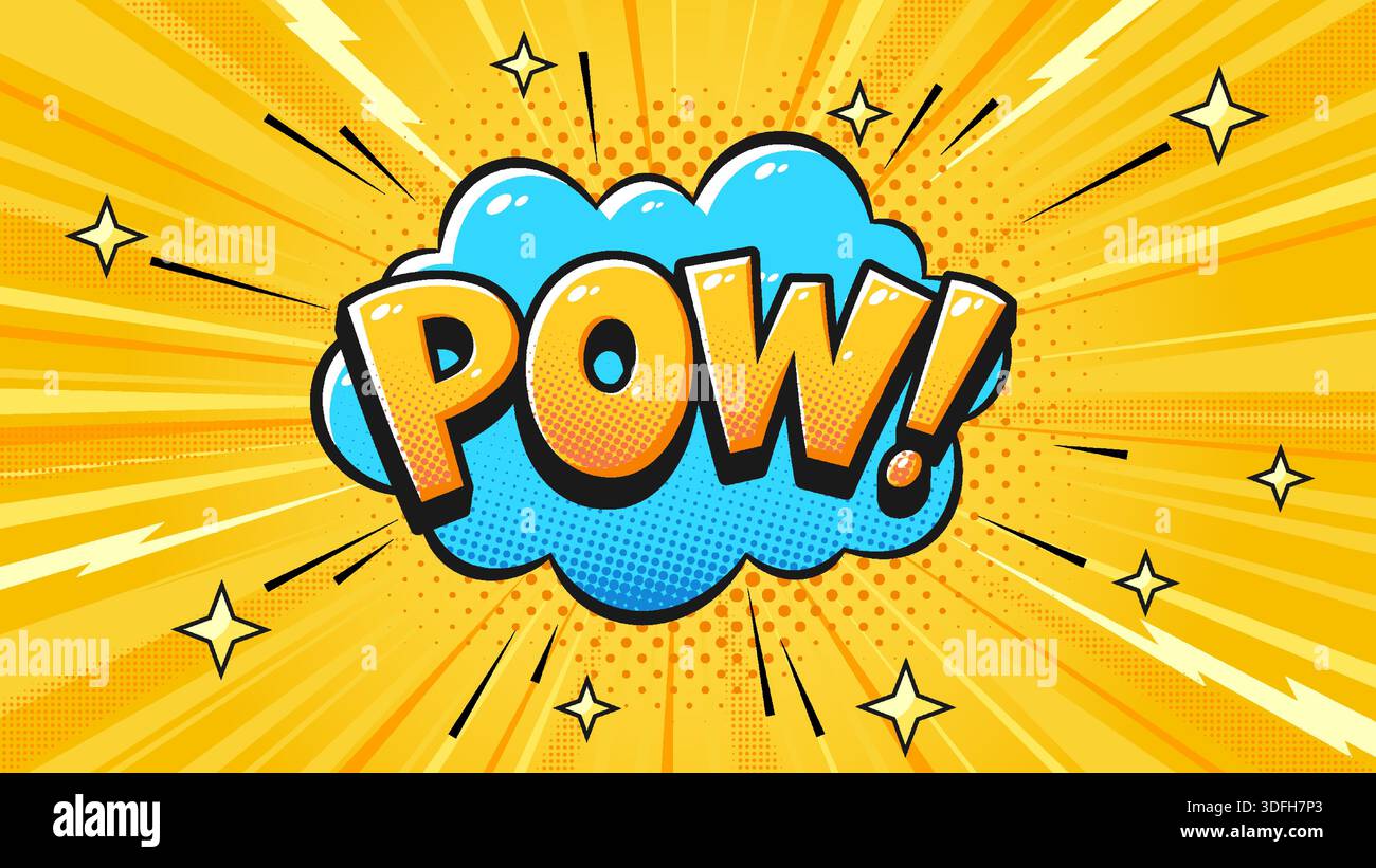 Pow Pop Art Comic Explosion Background Cloud Speech Bubble with Manga Speed Rays, Star Sparkles, Thunderbolts on Bright Yellow Halftone Burst Bg for Fun Retro Design. Vector Illustration Stock Vector