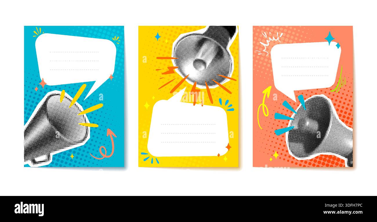 Pop Message Background Collage Pop Art Posters with Halftone Megaphones and Comic Speech ...