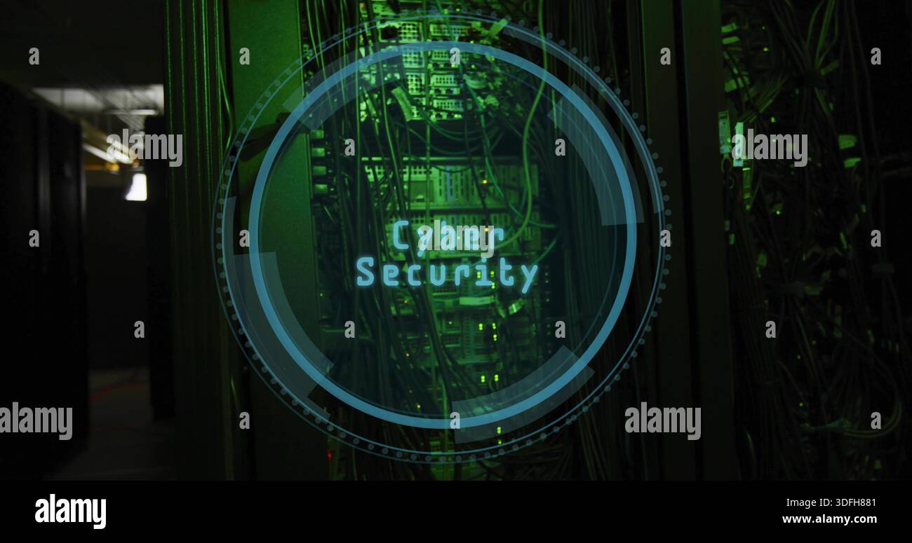 Showing central server rack projecting Cyber Security HUD inside dim data center aisle with cables Stock Photo