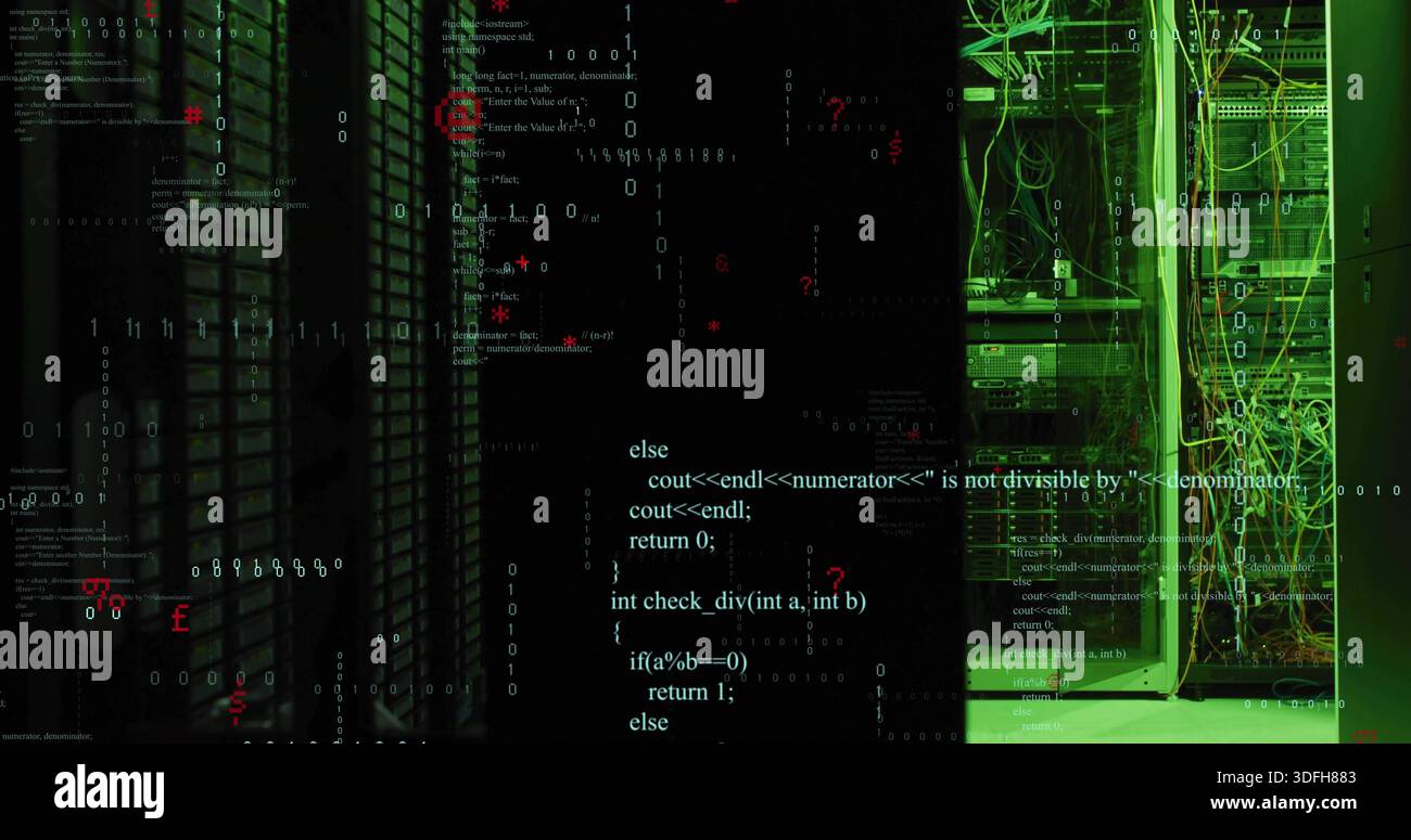 Displaying semi-transparent C++ code overlay over data center aisle, with server racks and cables Stock Photo