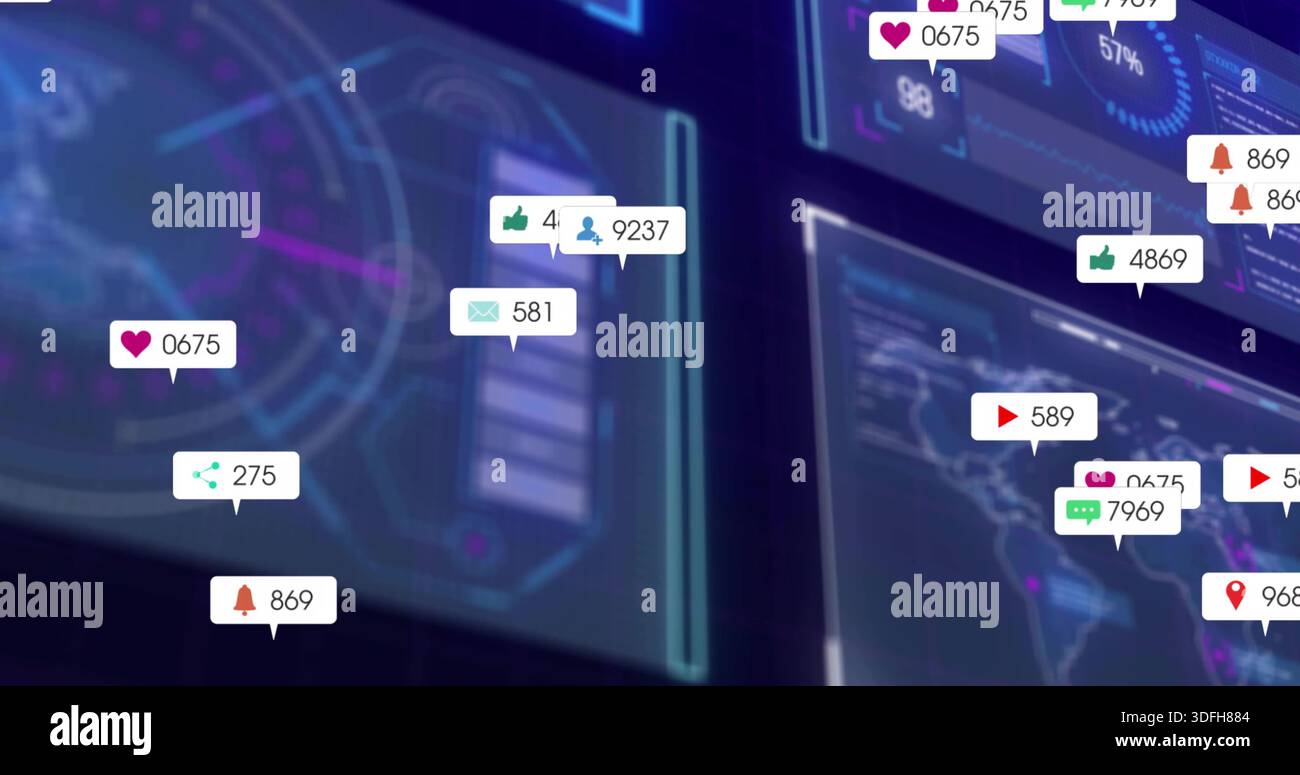 Displaying translucent dashboard panels in virtual control hub with HUD and floating alert bubbles Stock Photo