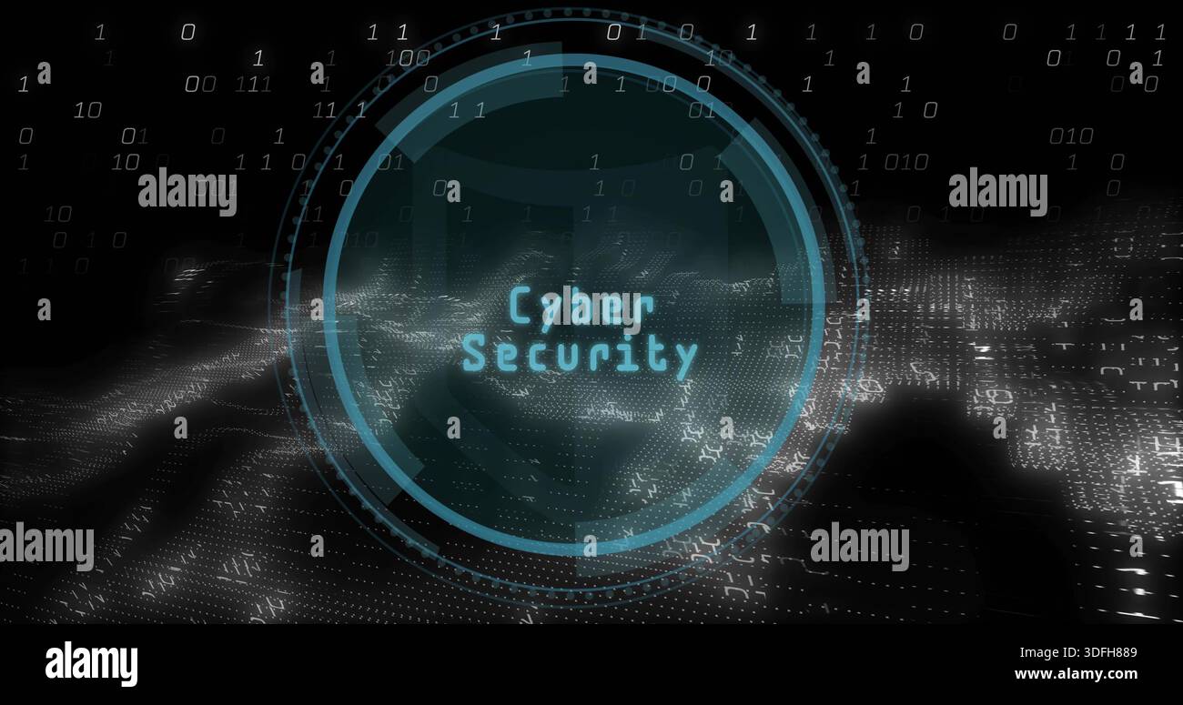 Displaying teal circular HUD with Cyber Security text centered in data landscape, forming grids Stock Photo