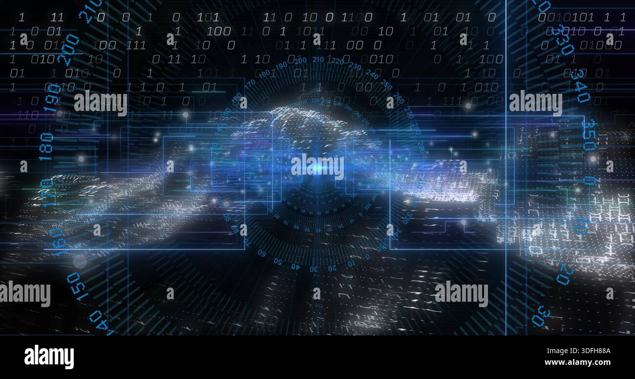 Pulsing data core projecting streaming ribbon in cyberspace, circular HUD, binary digits, gridlines Stock Photo