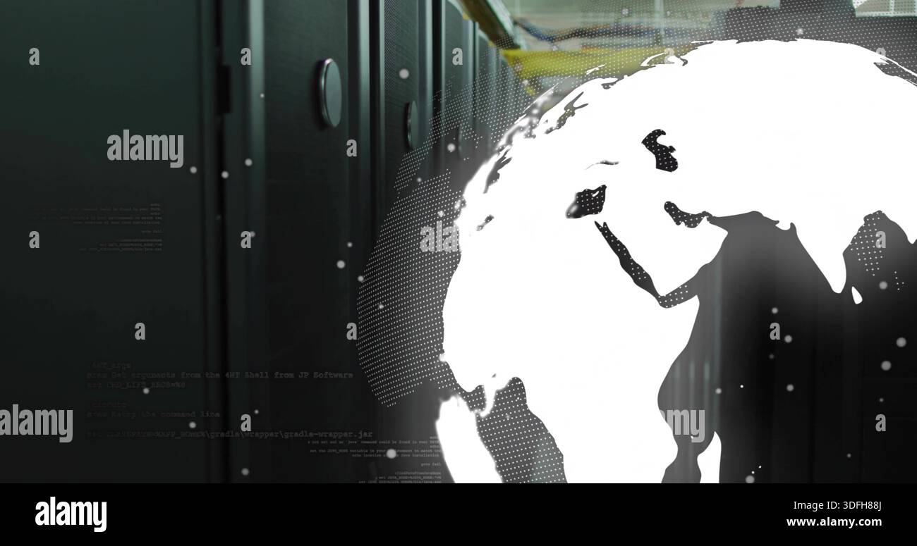 Displaying stylized globe graphic on right in data center, showing server cabinets and code dots Stock Photo