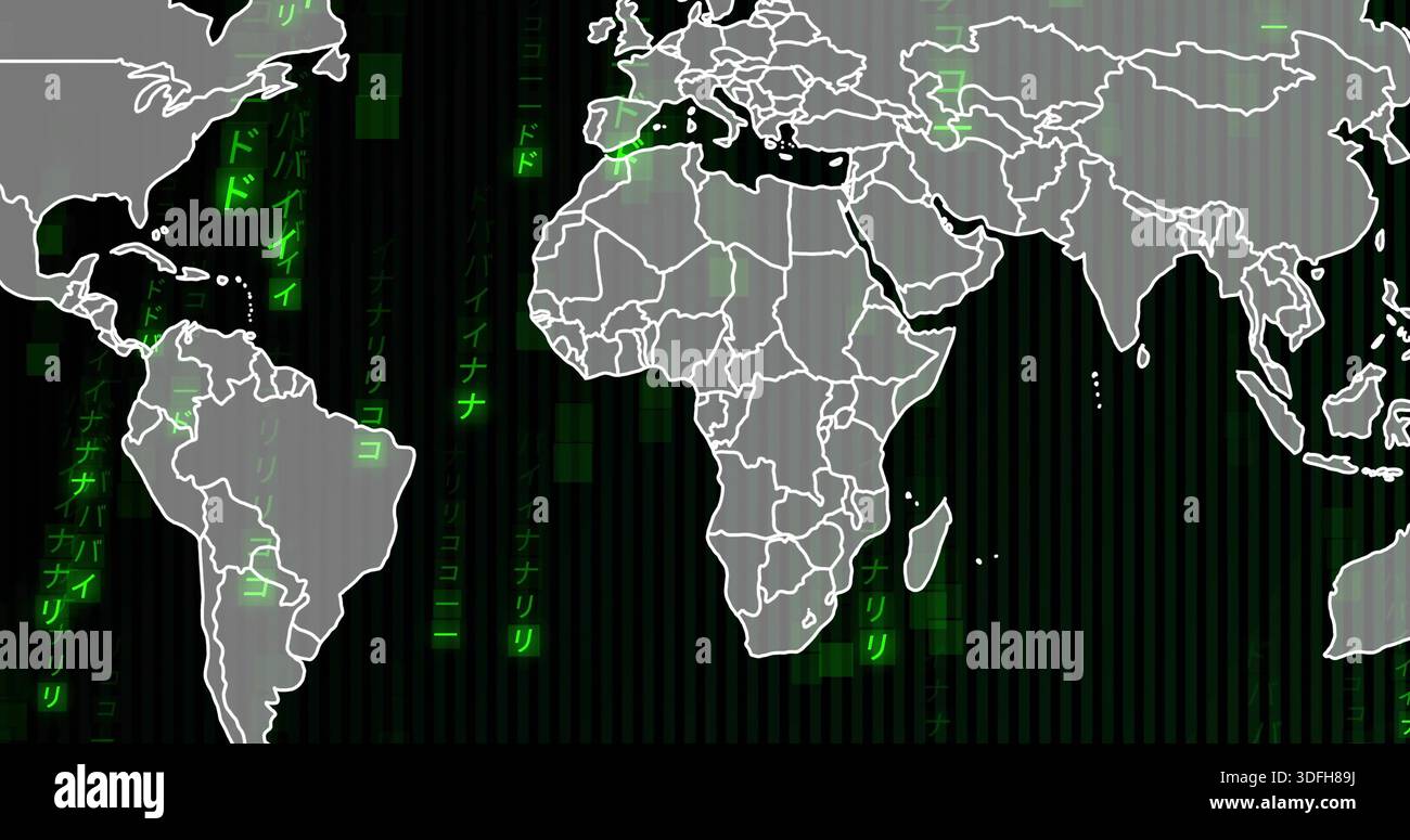 Displaying centered gray world map showing white borders on dark grid, showing green code tiles Stock Photo