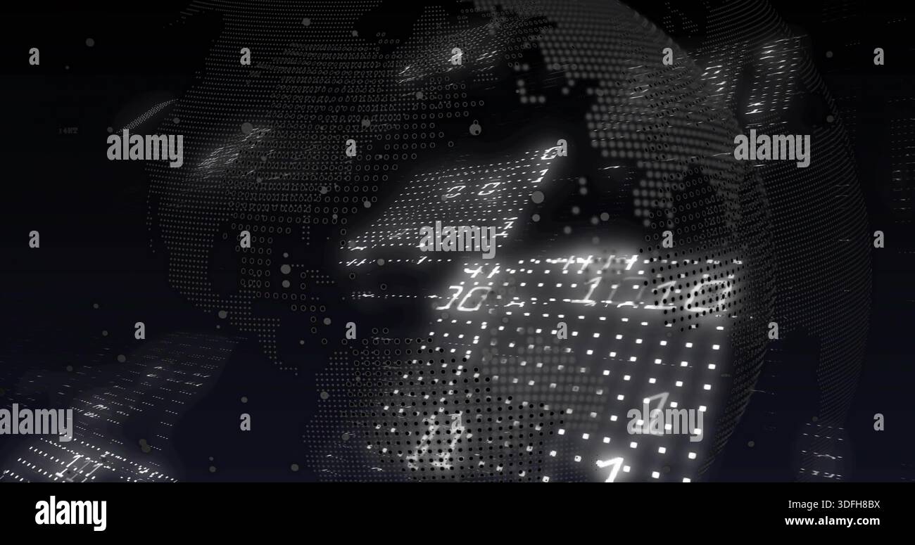 Rotating dotted mesh globe revealing illuminated data panels in virtual space, binary digits Stock Photo