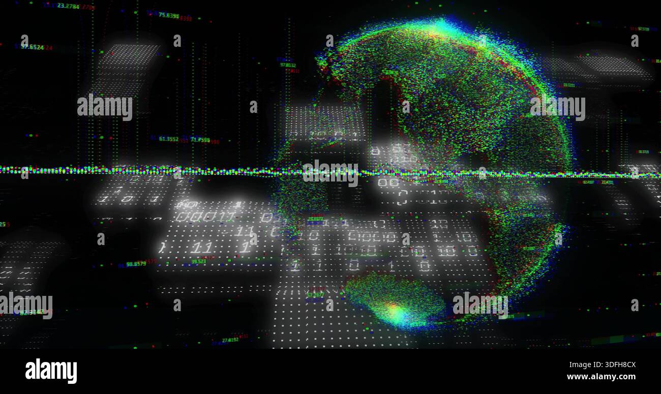 Pulsing point-cloud globe glowing right over dot-matrix plane, showing binary digits, copy space Stock Photo