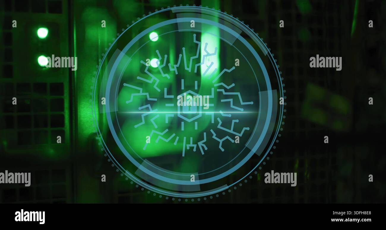 Projecting translucent circular HUD overlay showing padlock, concentric rings over server rack room Stock Photo