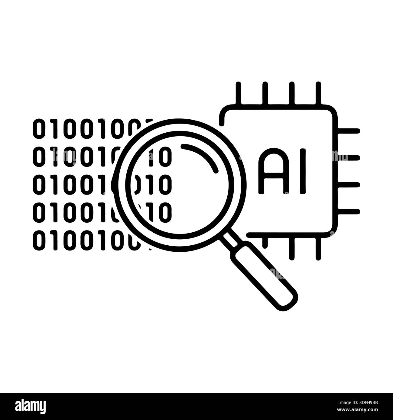 AI Data Analysis Concept. Magnifying Glass Inspecting Binary Code and AI Processor Chip. Stock Vector