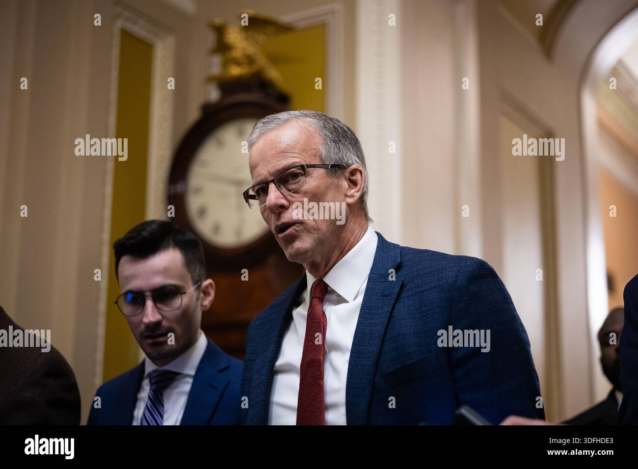 Senate Majority Leader John Thune (R-S.D.) speaks with reporters as he ...