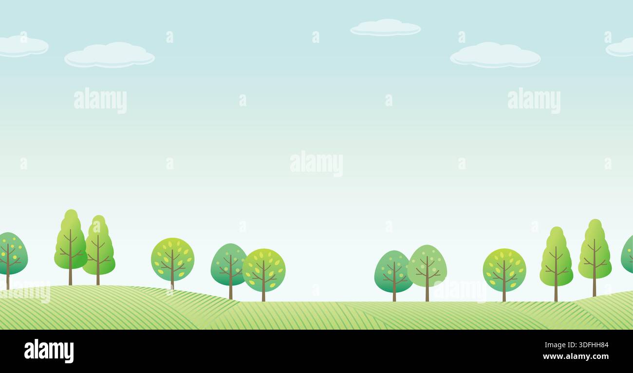 Vector Seamless Hilly Forest In Springtime Background Illustration With Text Space. Horizontally Repeatable. Stock Vector