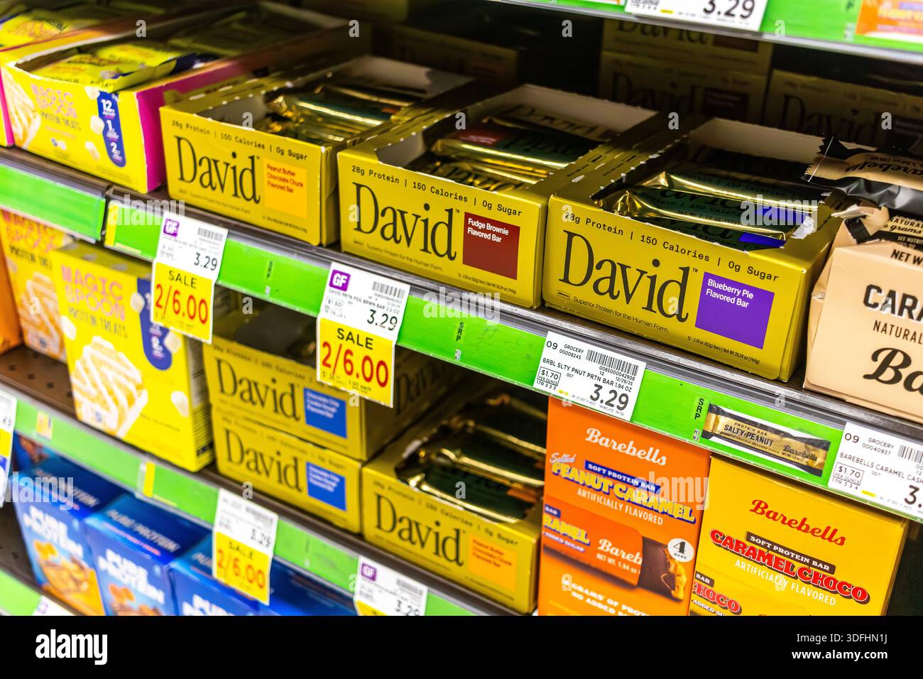 David protein bars on a grocery store shelf, David bars in boxes at a supermarket Stock Photo