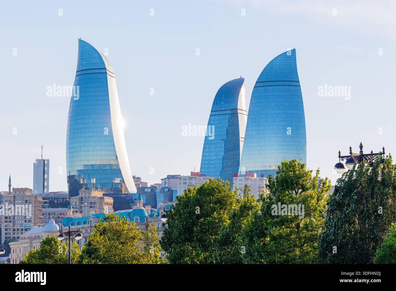 Baku, May 18, 2025, View from Baku Promenade with the Flame Towers