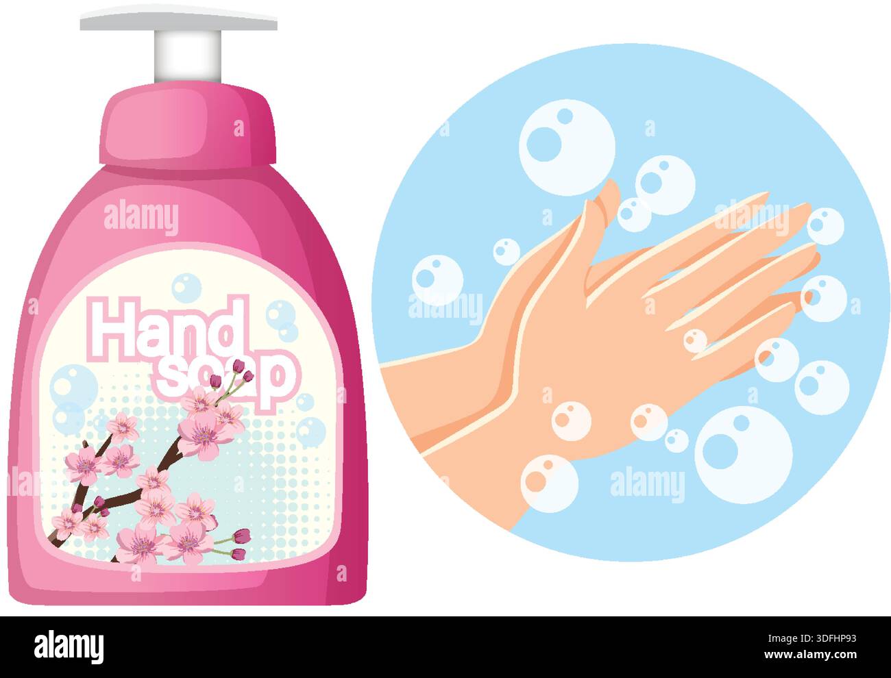 Pink floral hand soap bottle and hands washing with bubbles, flat vector illustration style Stock Vector