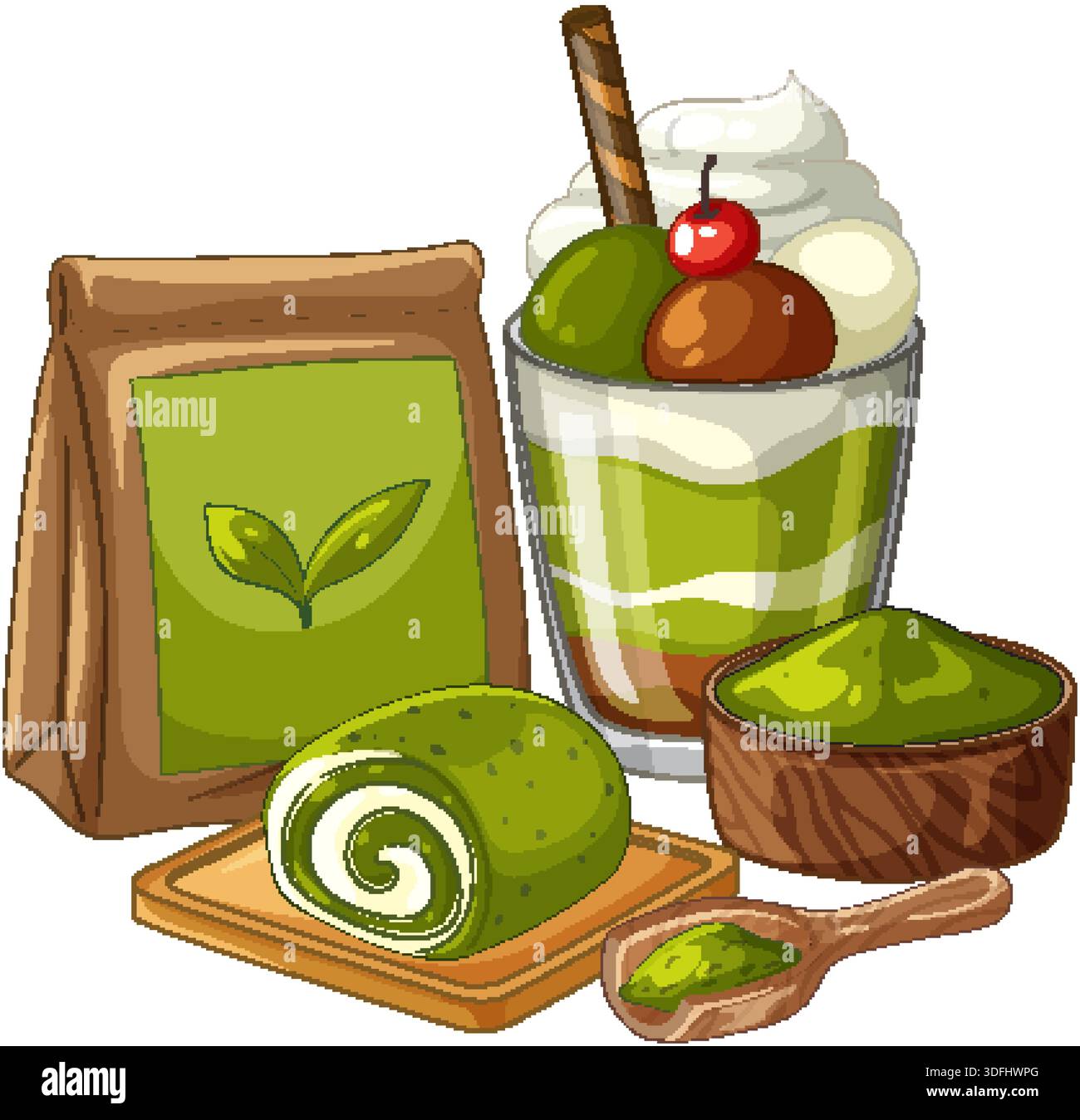 Vector illustration of matcha desserts including a layered parfait ...