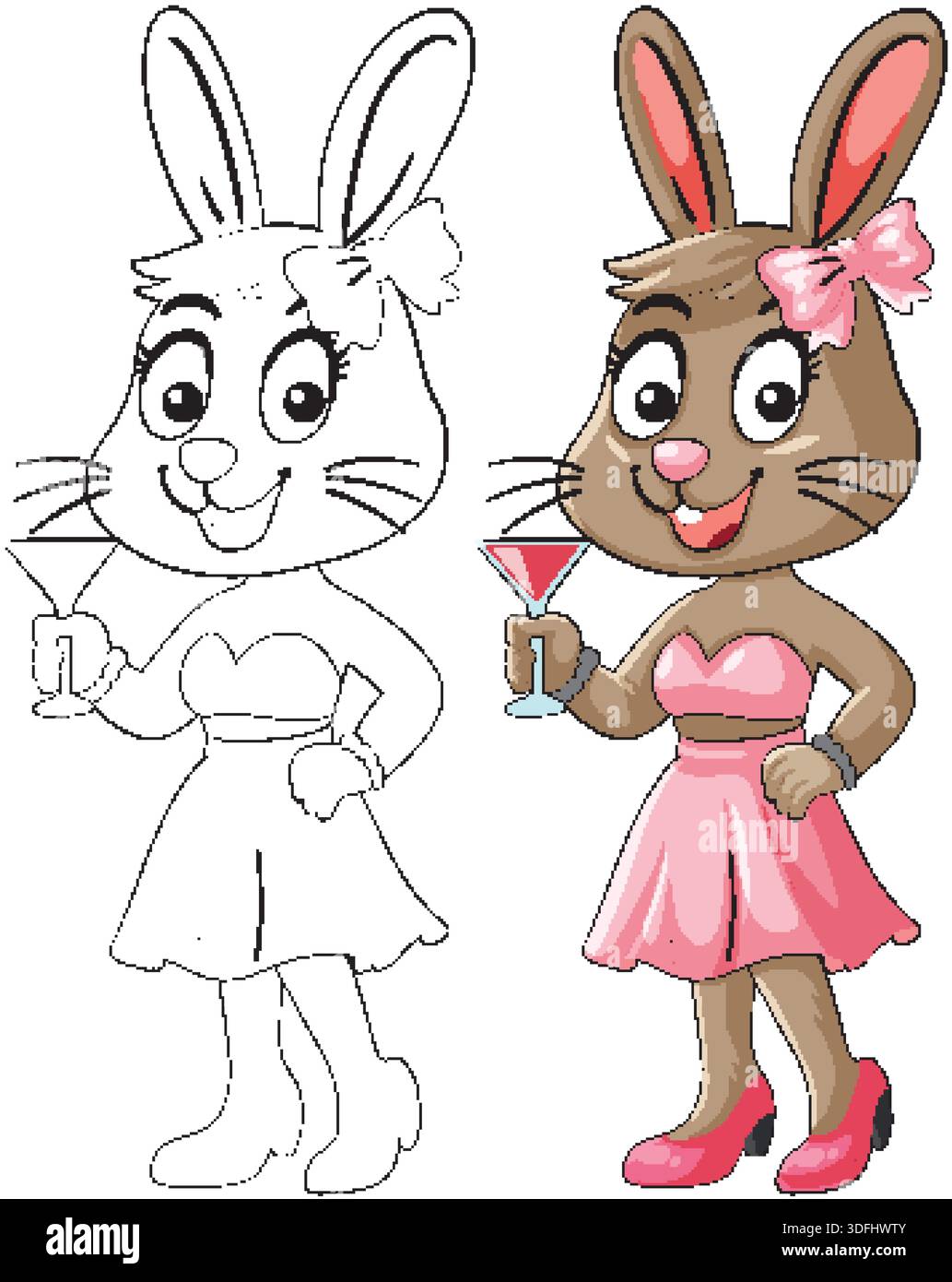 Stylish anthropomorphic bunny in pink dress holding cocktail, color and ...