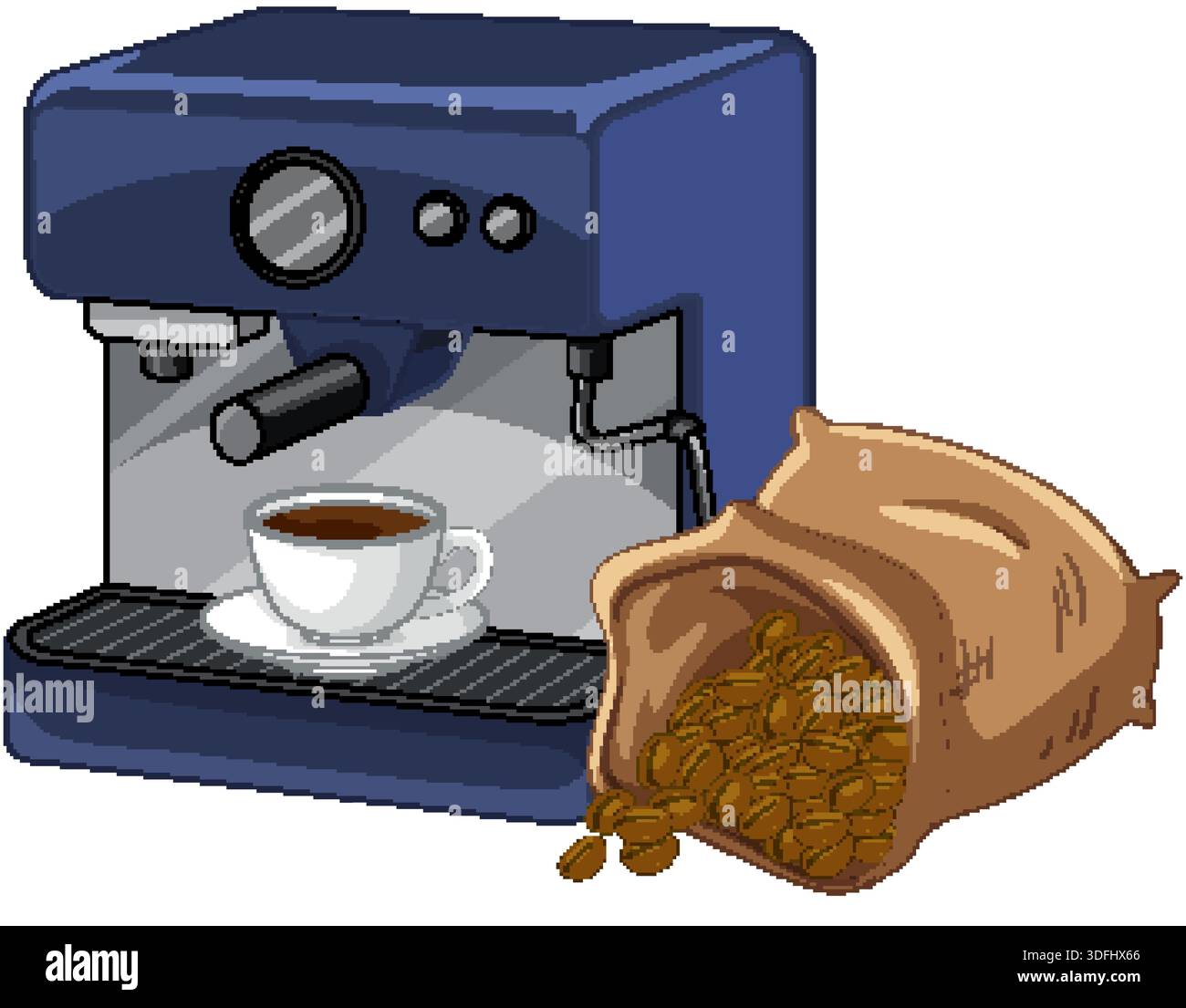 Vector illustration of a blue espresso machine, white coffee cup, and burlap sack of beans Stock Vector