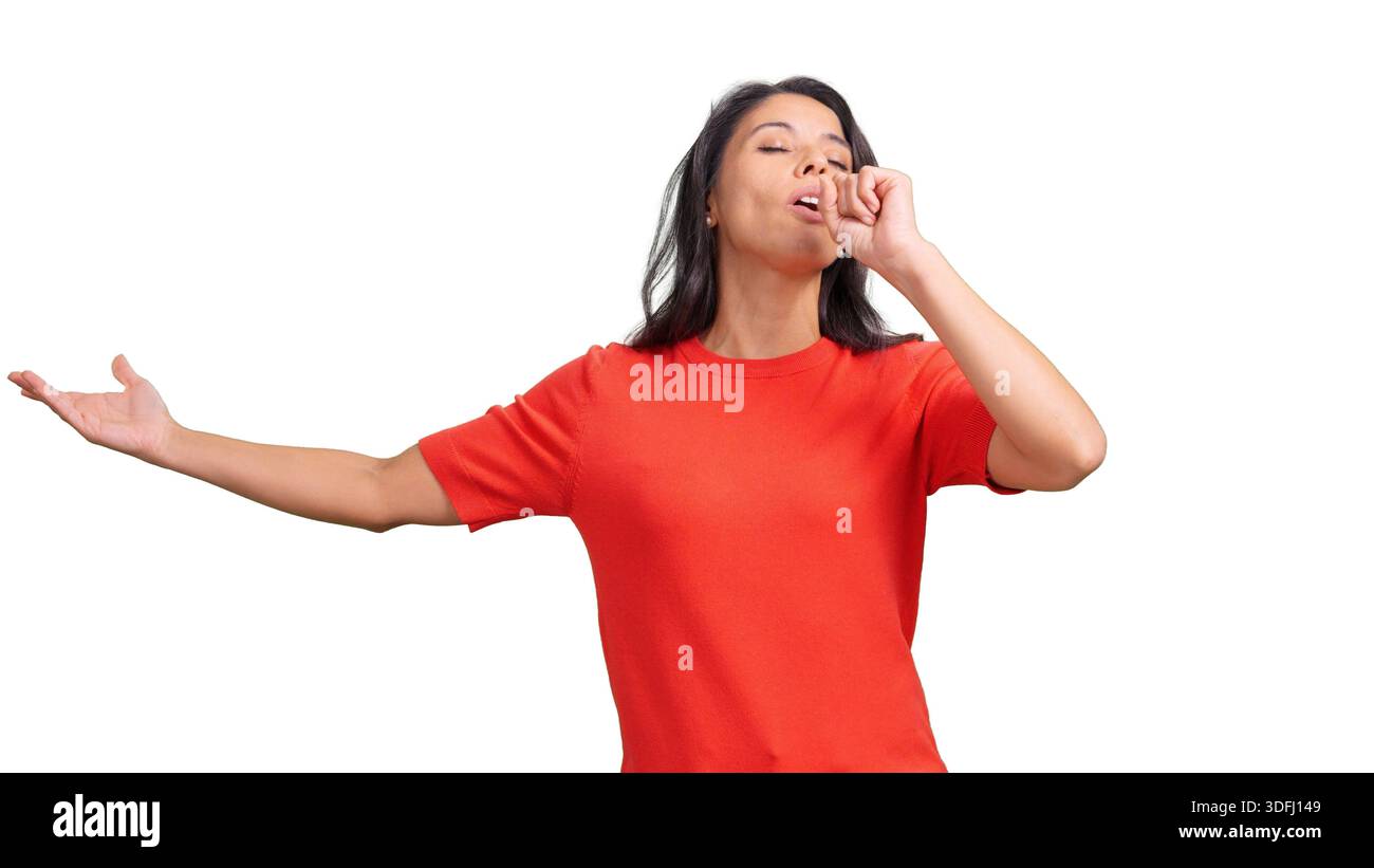 Woman pretending to sing mouth isolated Stock Photo