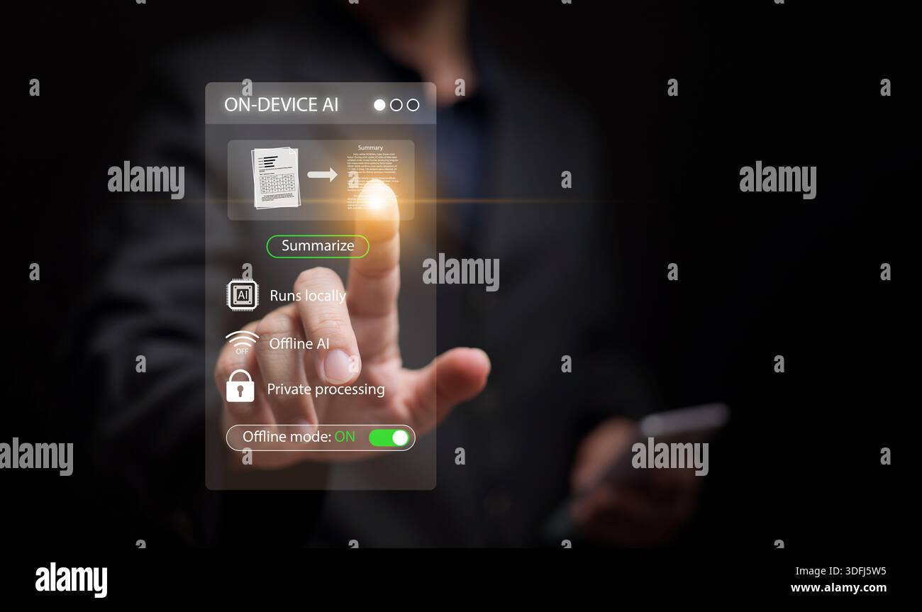 On-device AI technology with secure offline operation. Private data processing, and artificial intelligence runs locally for cybersecurity and digital Stock Photo
