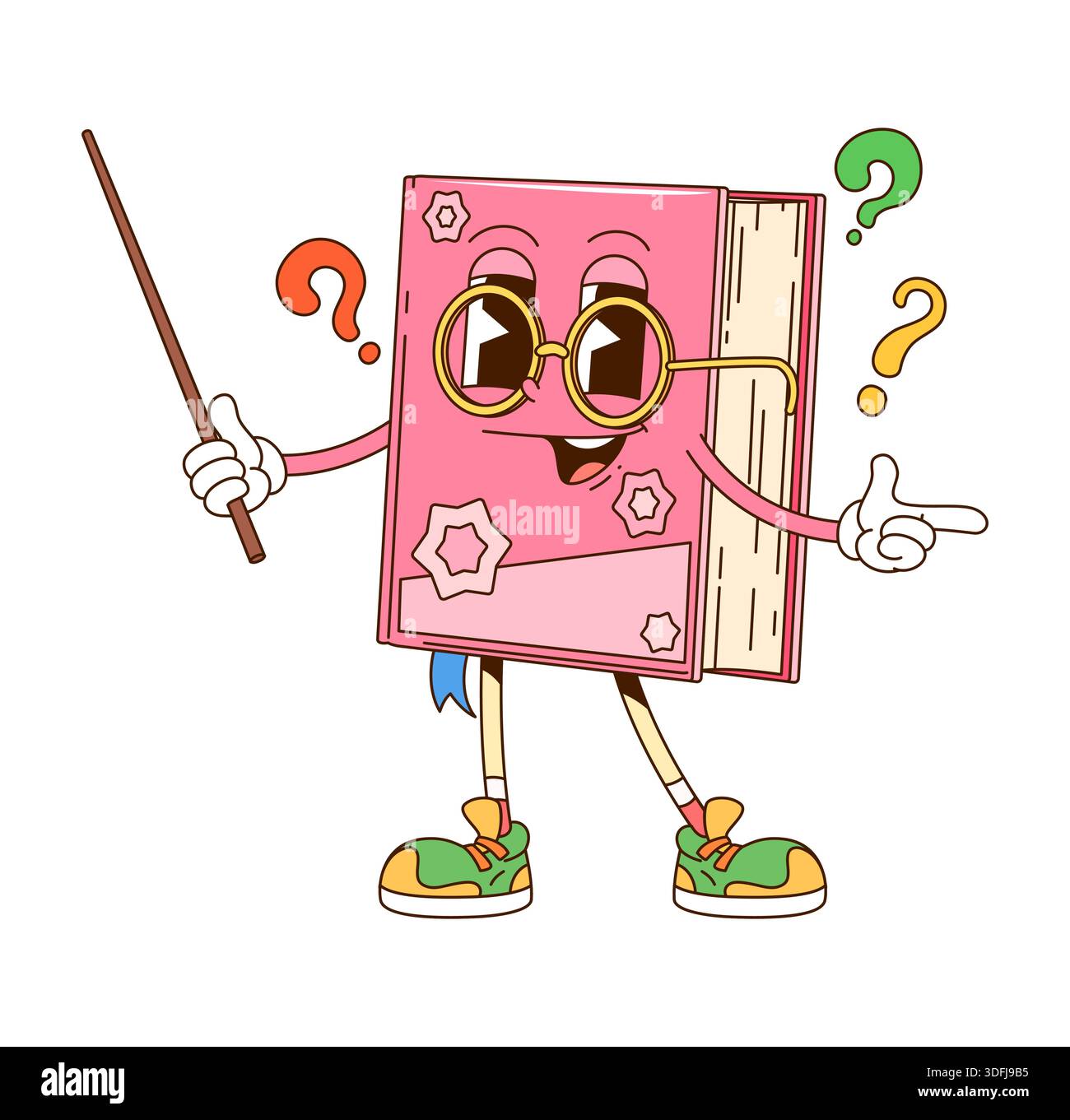 Cartoon retro groovy book with teacher pointer Stock Vector