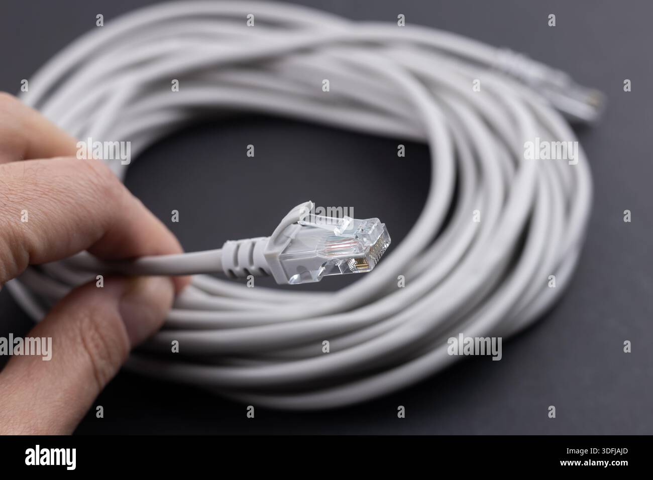 RJ-45 crimped red ethernet connector, unshielded twisted pair UTP internet cable end in hand, macro, detail, closeup. Individual cables visible. Cable Stock Photo
