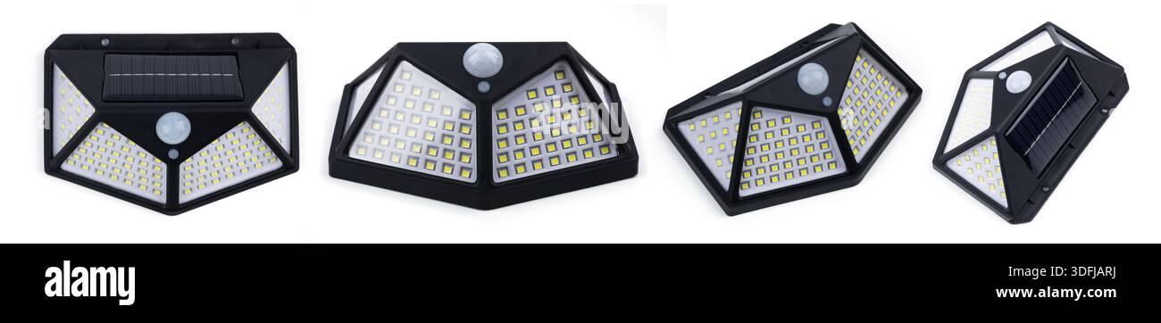 Small solar powered led light with motion sensor on white. Stock Photo