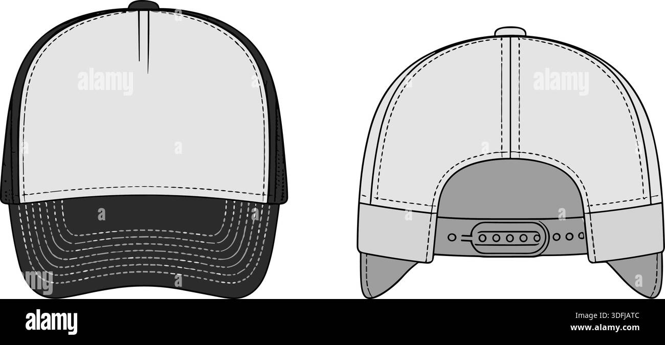 Baseball cap technical vector illustration showing front and back views ...