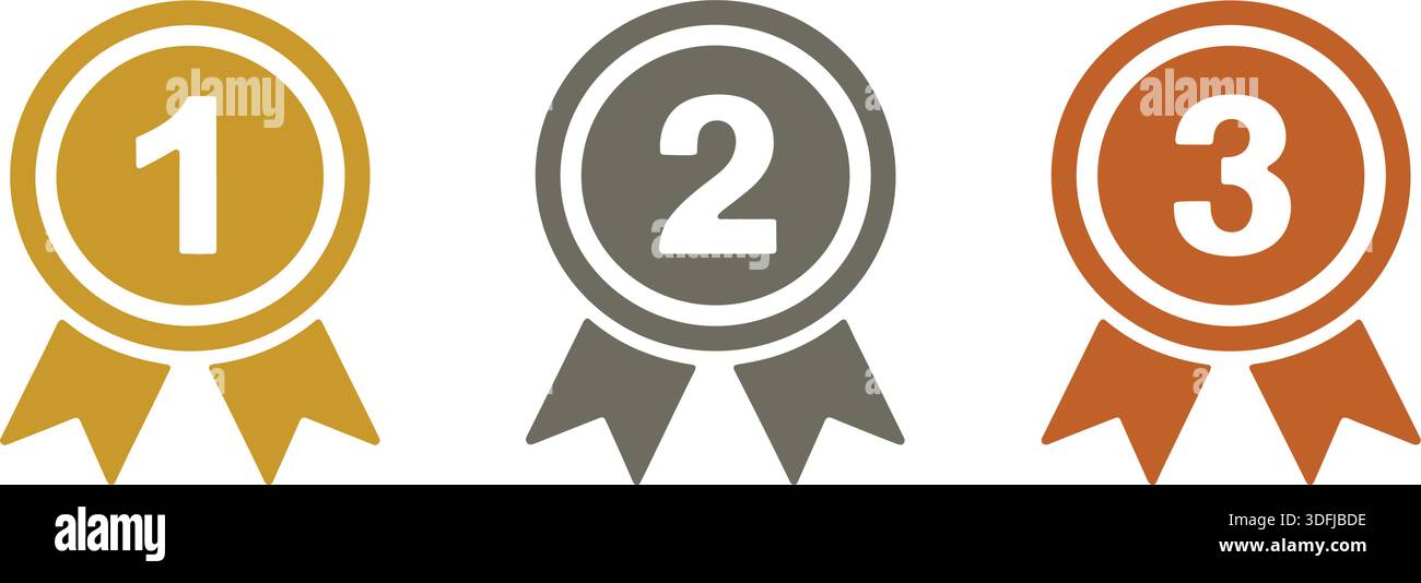 Gold silver and bronze award ribbons with numbers one two three, flat ...
