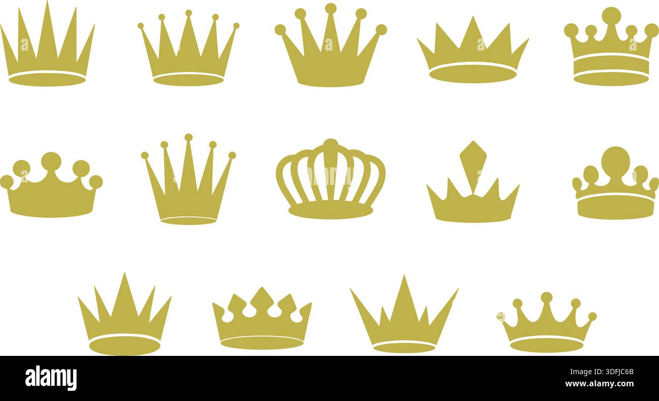 Elegant gold crown icon set featuring fifteen unique regal designs in ...