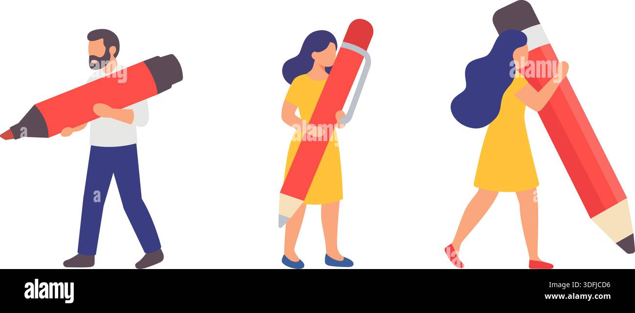 Group of three people with oversized red and yellow writing tools. Flat vector characters for teamwork, study, and creativity design concepts. Stock Vector