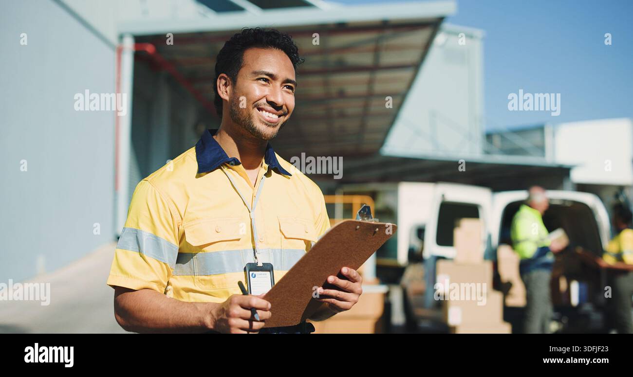 Logistics, clipboard and vision with delivery man outdoor for supply chain, cargo checklist and thinking. Distribution idea, transport coordinator and Stock Photo
