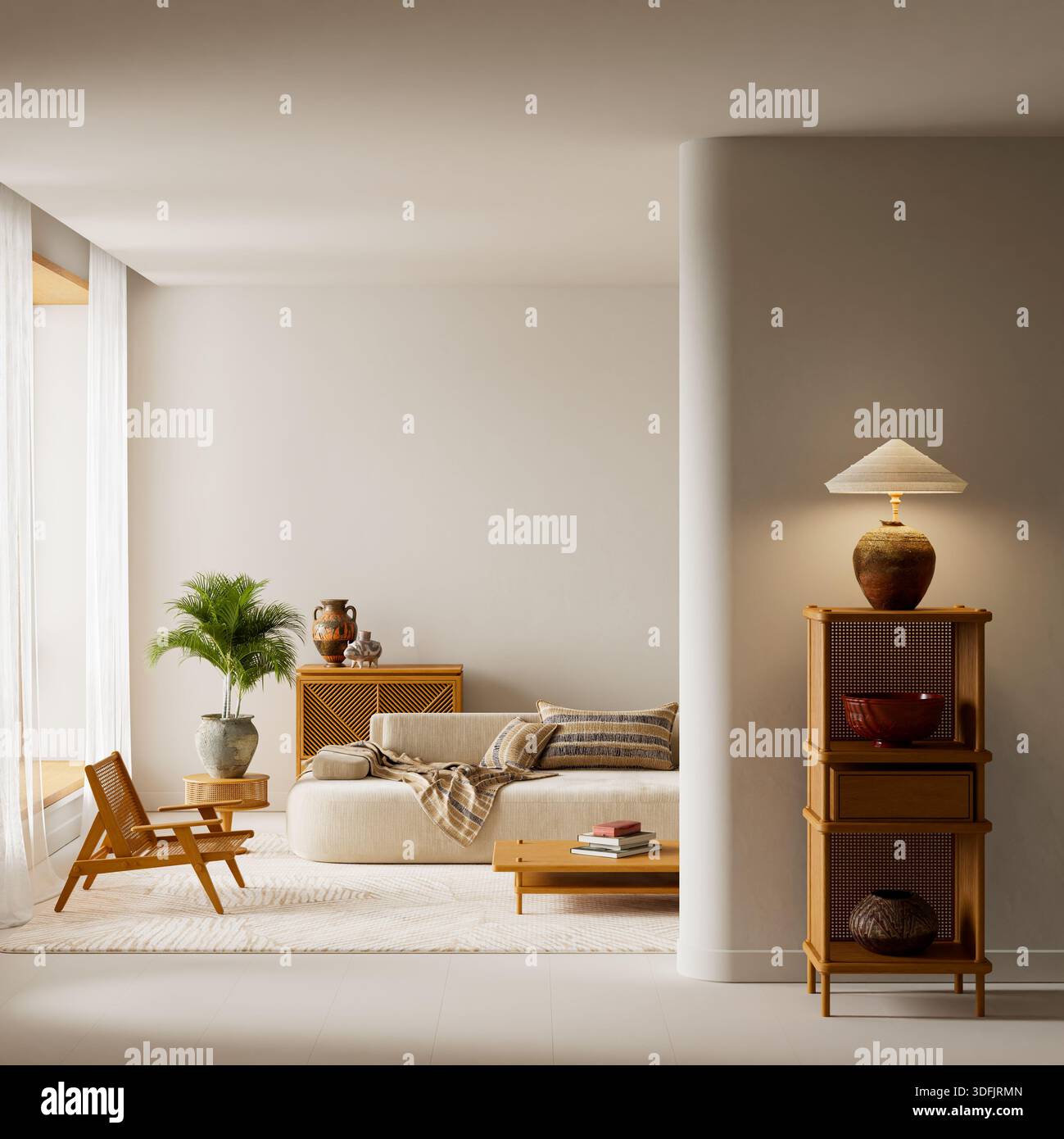 Smooth Interior A serene interior featuring wooden surfaces, smooth fabrics, soft ...