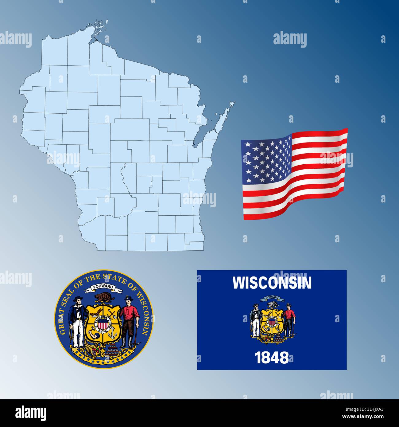 Wisconsin state counties map flag coat hi-res stock photography and ...