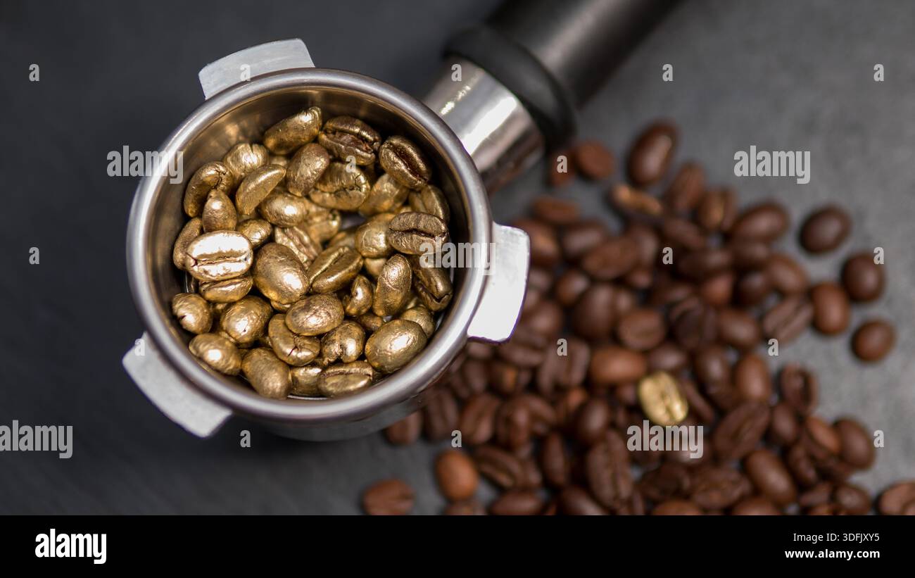 Golden Coffee Beans in Portafilter Symbolizing Rising Prices and Luxury Stock Photo