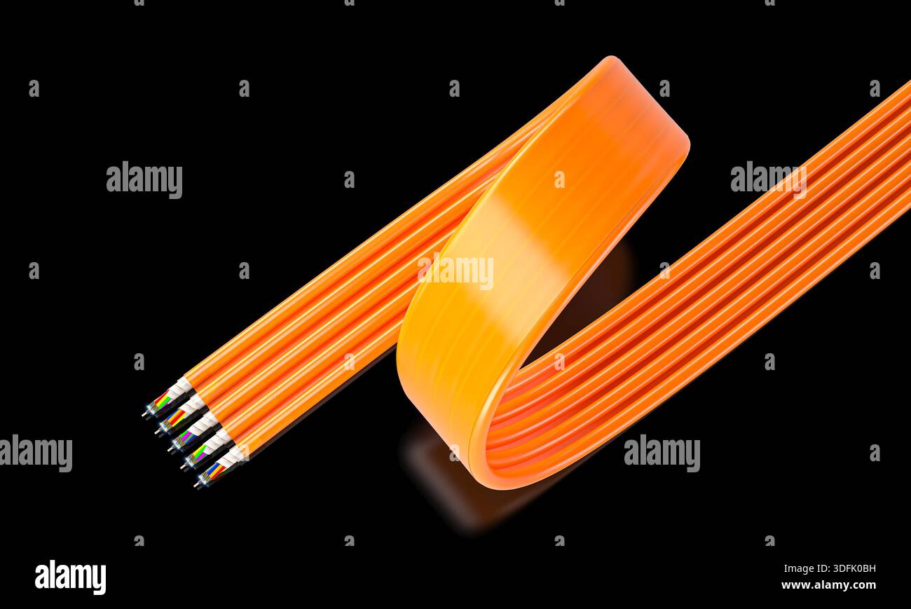 Orange fiber optic cable 3d on black Stock Photo
