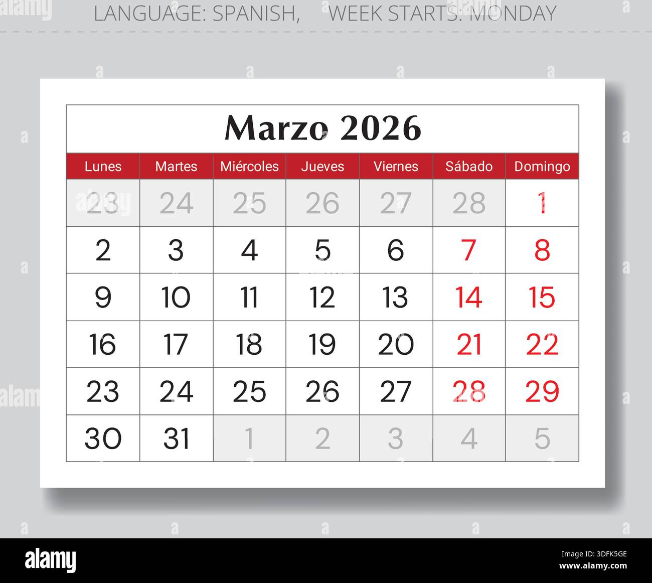 March 2026 Spanish calendar (Marzo). Paper page monthly vector ...