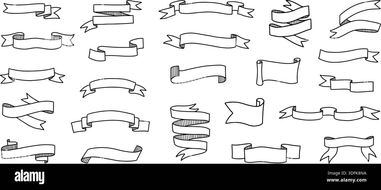 Ribbon banner doodle set. Hand drawn curly ribbon dividers and folded ...