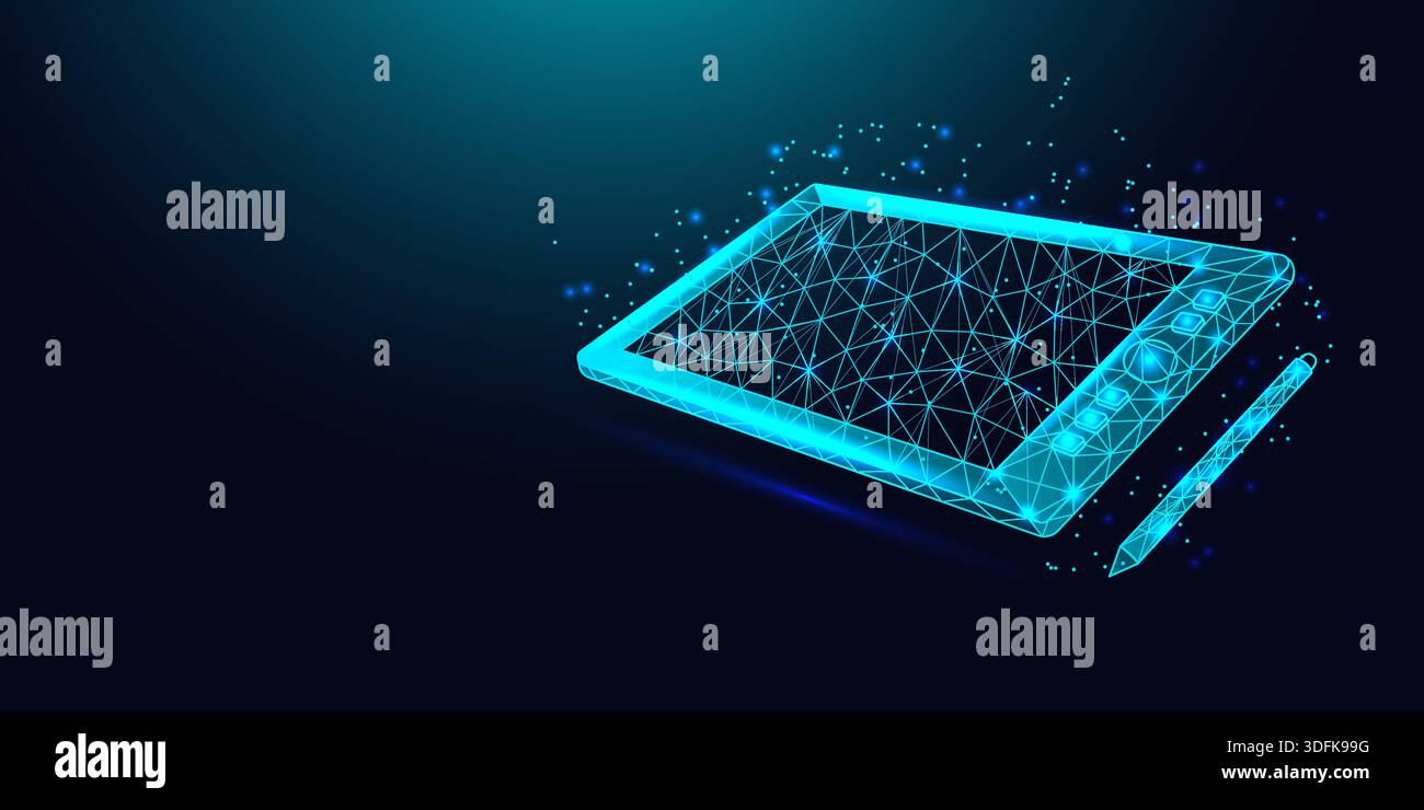 Low poly wireframe graphics tablet and stylus on dark blue background. Stock Vector